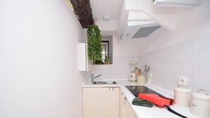 A kitchen with white cabinets, a sink, a countertop with a red bag, and a hanging plant. - Alma D'Alfama (Lisboa)