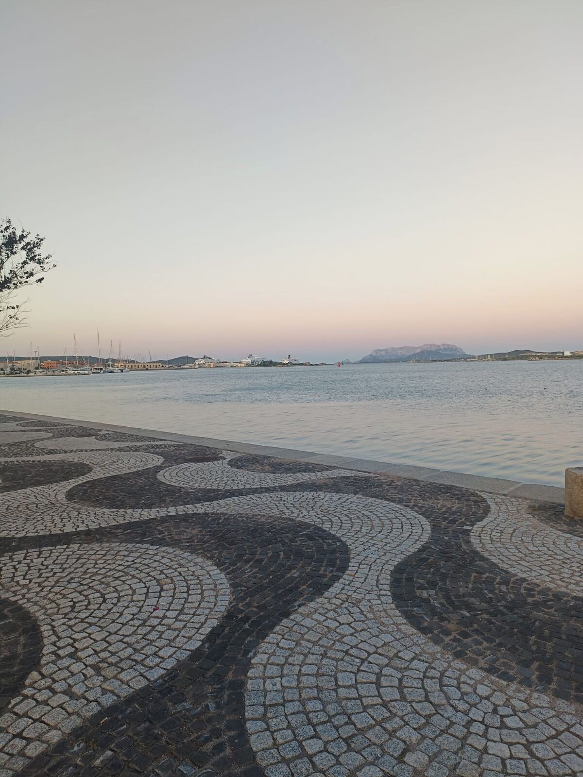 Een waterkantpromenade met een patroon van kinderkopjes en een rustige zee.