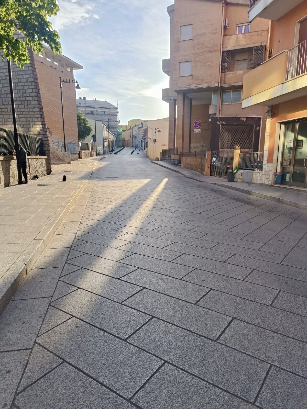 A paved street with buildings on either side, a person standing by a wall, and a cat sitting on the ground.