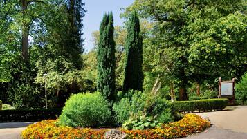 A landscaped garden with a variety of trees, a central bush, and a flower bed with orange and yellow flowers.