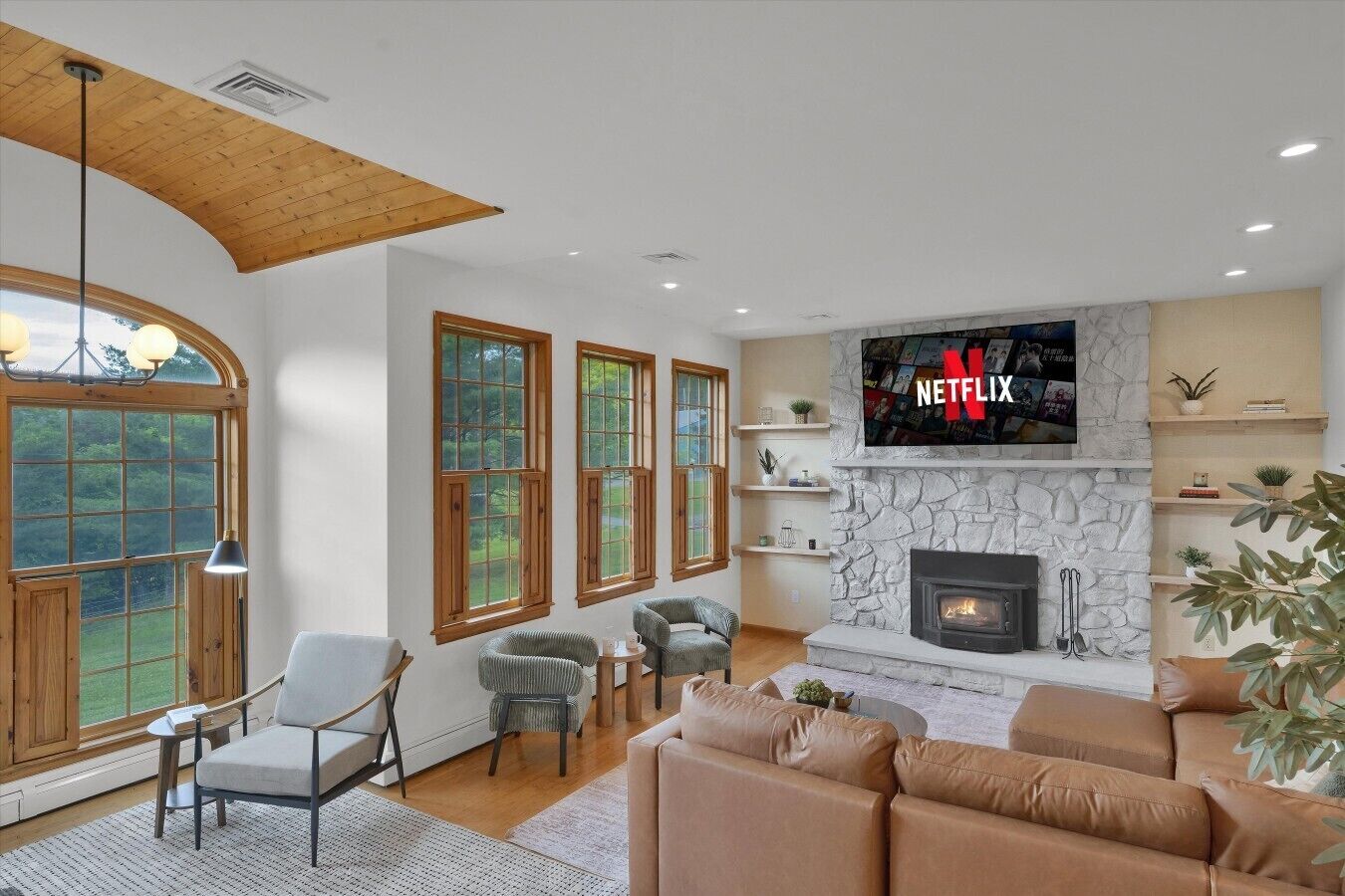 TV, fireplace, table football, books