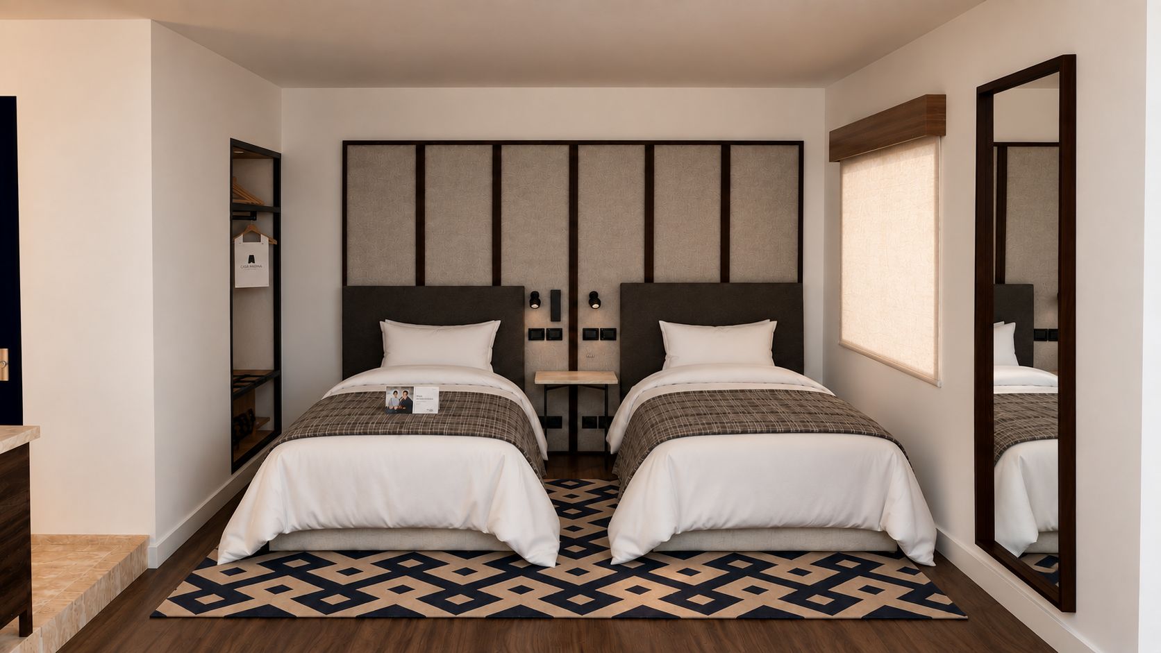 Habitación de hotel con dos camas, un espejo grande, un armario y piso con diseño.