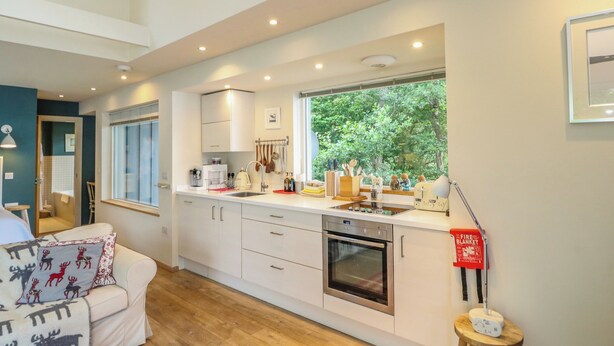 A modern kitchen with white cabinets, a built-in oven, and a window overlooking greenery.