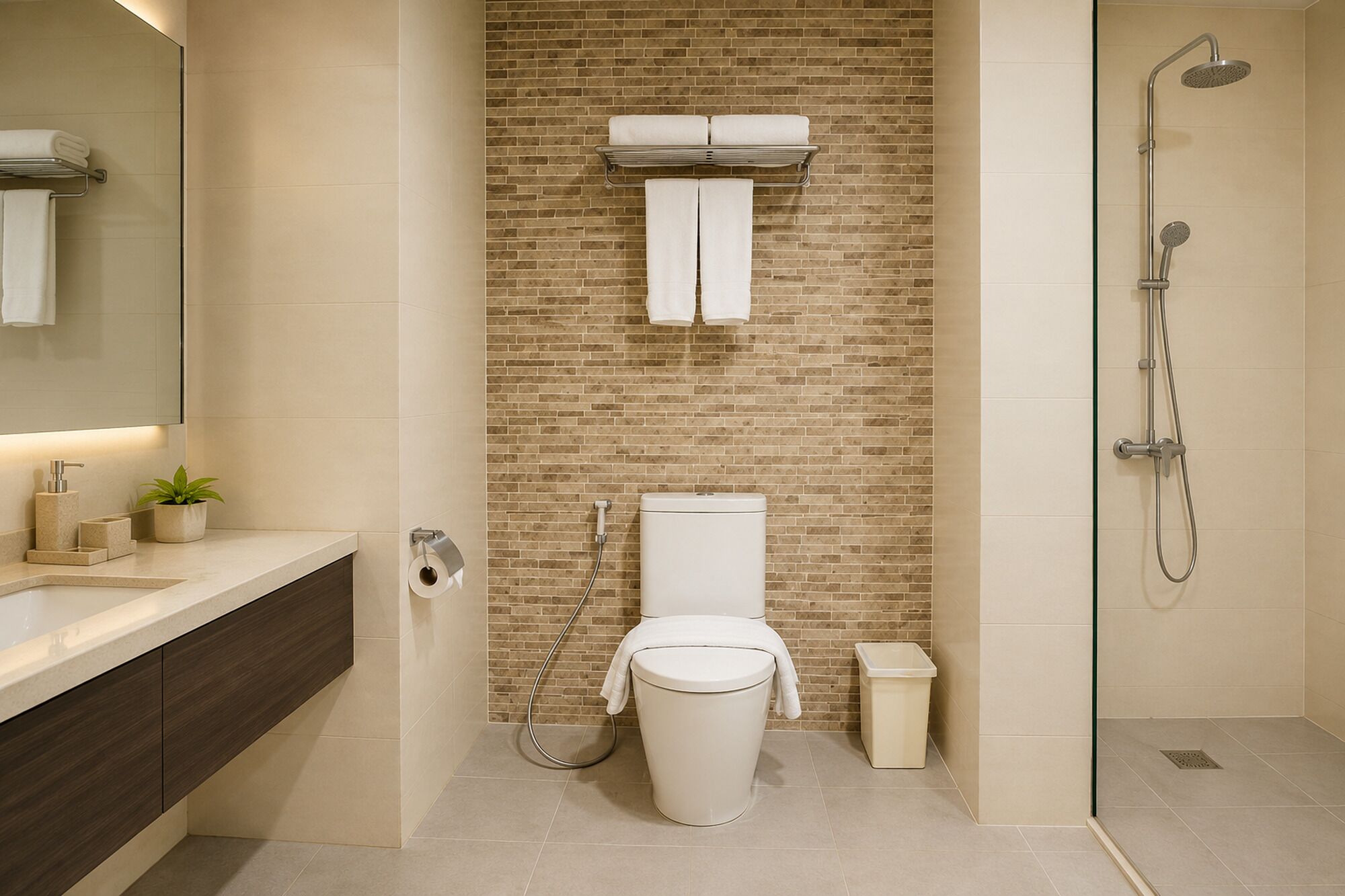 A modern bathroom with a toilet, bidet, and shower.