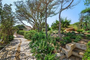 A stone pathway leading through a garden with various plants and trees. - Seafront Villa in Santa Reparata with Sea View, Wi-Fi, and Air Conditioning (Santa Reparata)