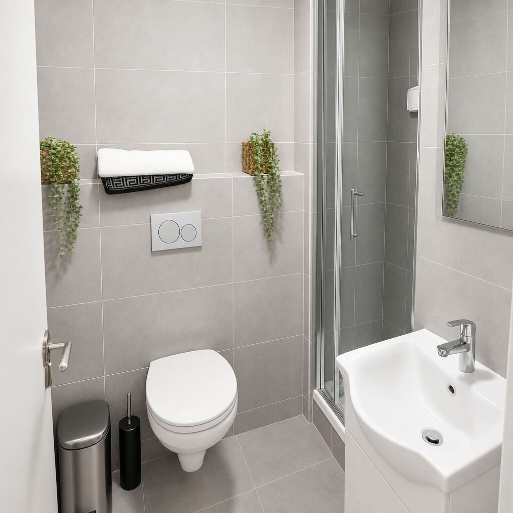 Et moderne badeværelse med toilet, bidet, vask og bruseområde.