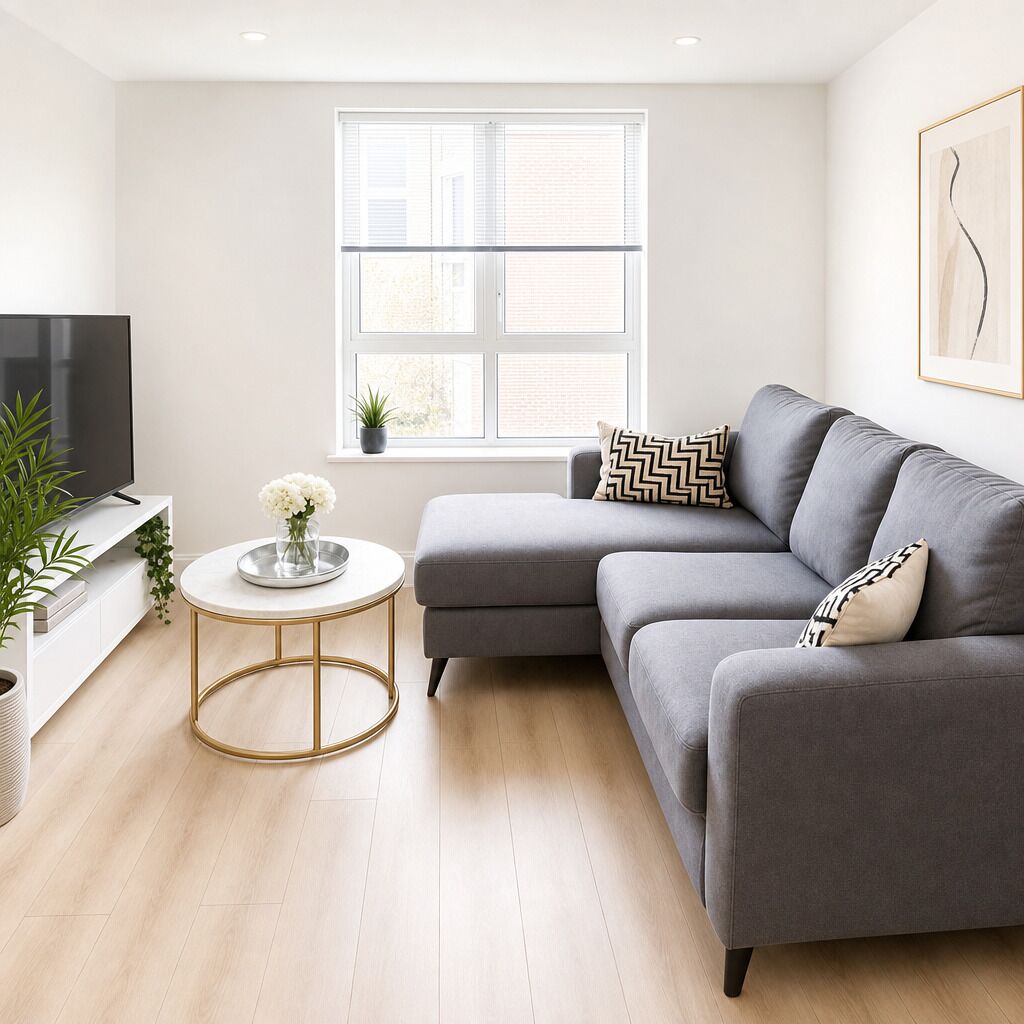 A modern living room with a grey sofa, a round coffee table, a TV, and a window with blinds.