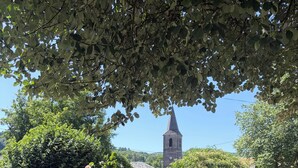 A garden with a variety of plants and flowers, a wooden fence, and a church tower in the background. - Oustal Fraïssignol, a comfortable guesthouse (Fraisse-sur-Agout)
