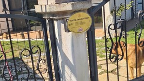Una entrada protegida por una reja metálica y un pilar de concreto, con un letrero.