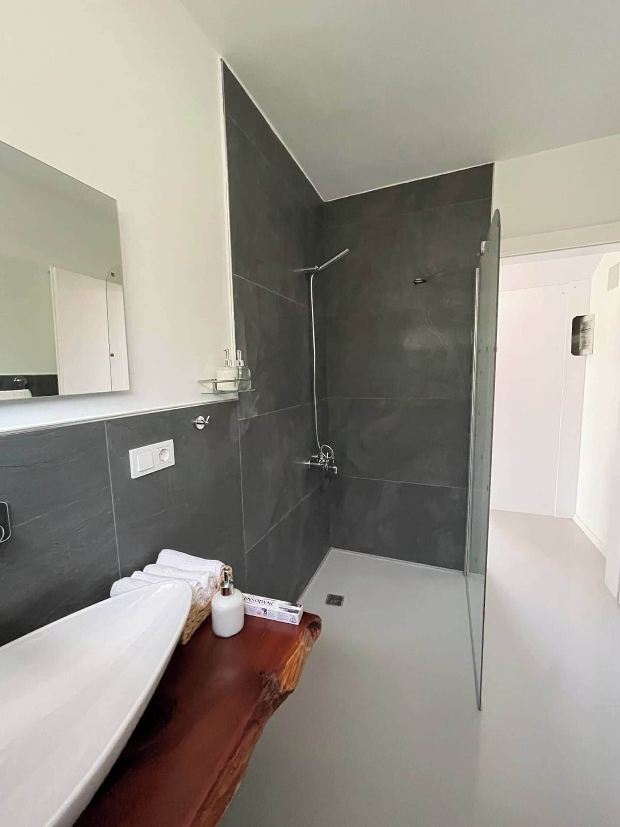 A modern bathroom with a shower, a mirror, and a wooden vanity.