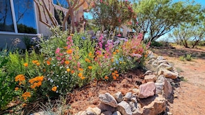 A garden with a variety of colorful flowers and a stone wall. - Expansive ranch house w/ guest suite for groups (Cochise County)