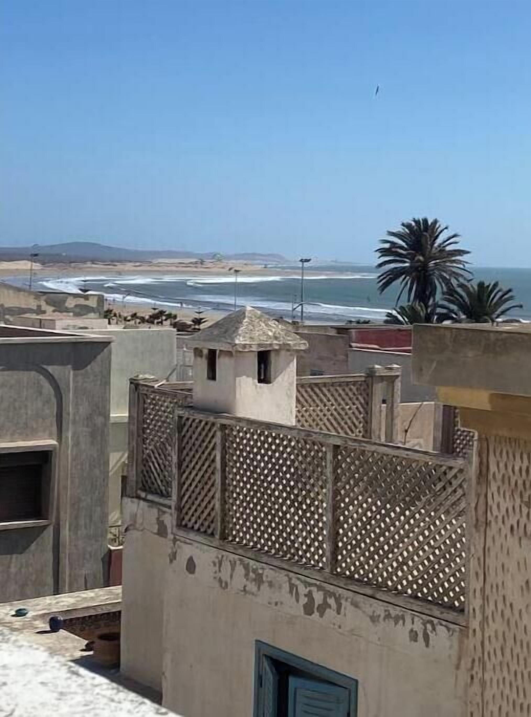 A coastal view with buildings and a palm tree.
