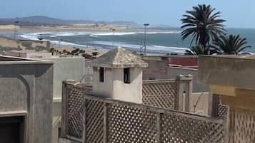 A coastal view with buildings and a palm tree.