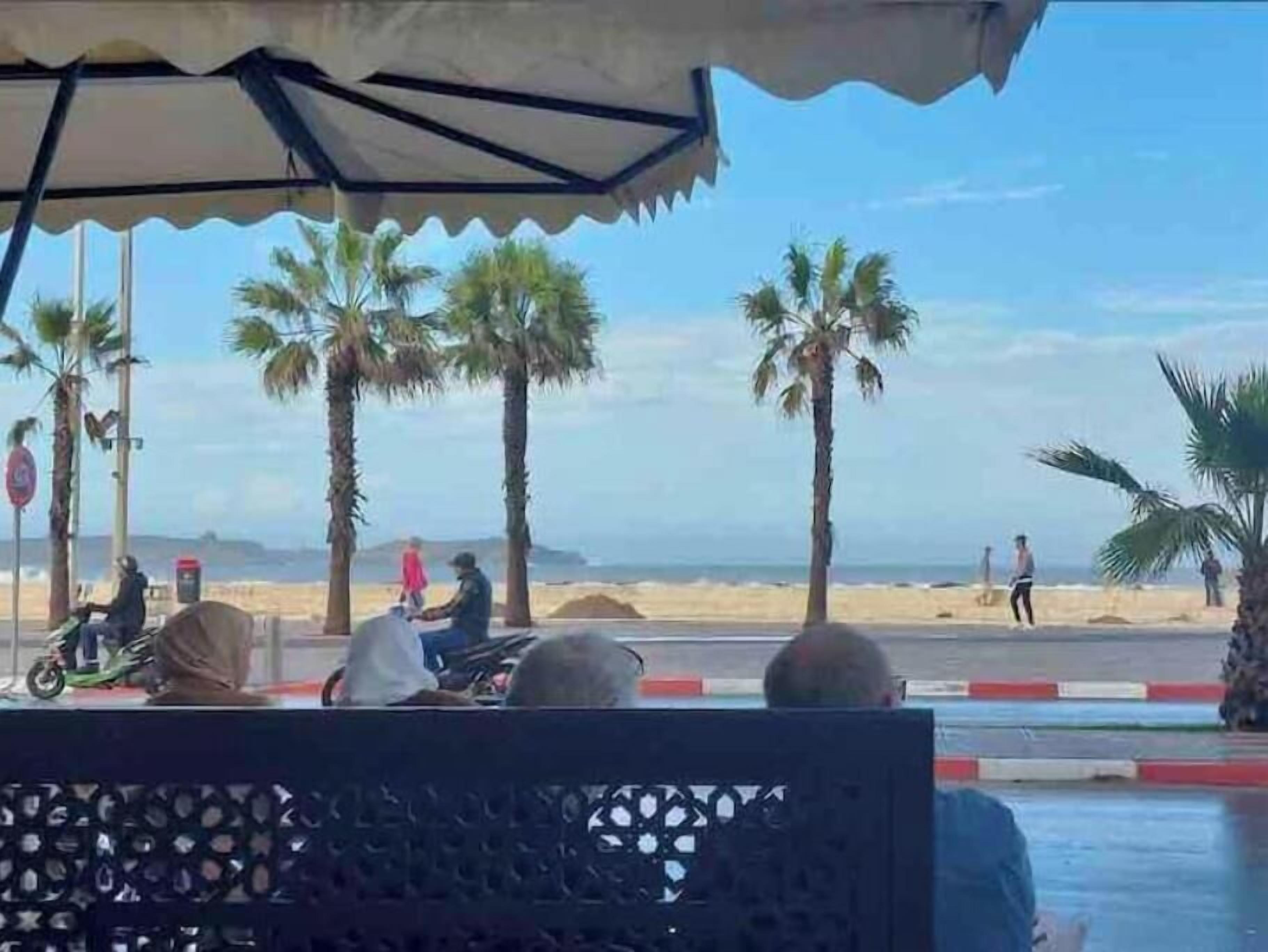 Uitzicht op een strand met palmbomen, een zandstrand en een weg met voertuigen.