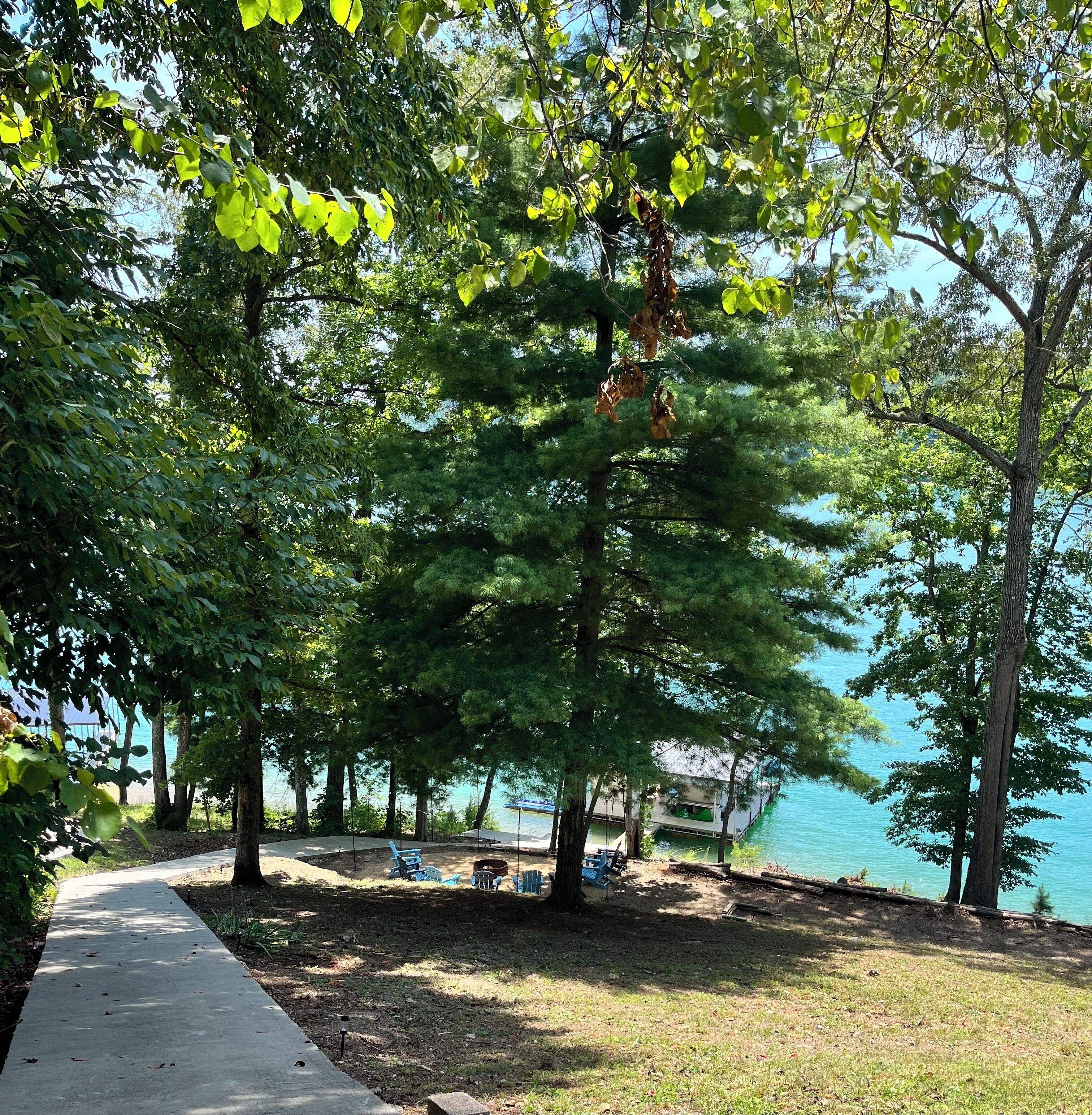 Un sentier menant à une zone au bord du lac, agrémentée d’arbres et d’espaces de repos en plein air.