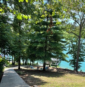 Un sendero que conduce a una zona junto al lago, con árboles y mesas al aire libre.