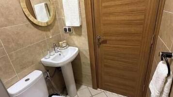 Baño con inodoro, lavamanos, espejo y puerta de madera.
