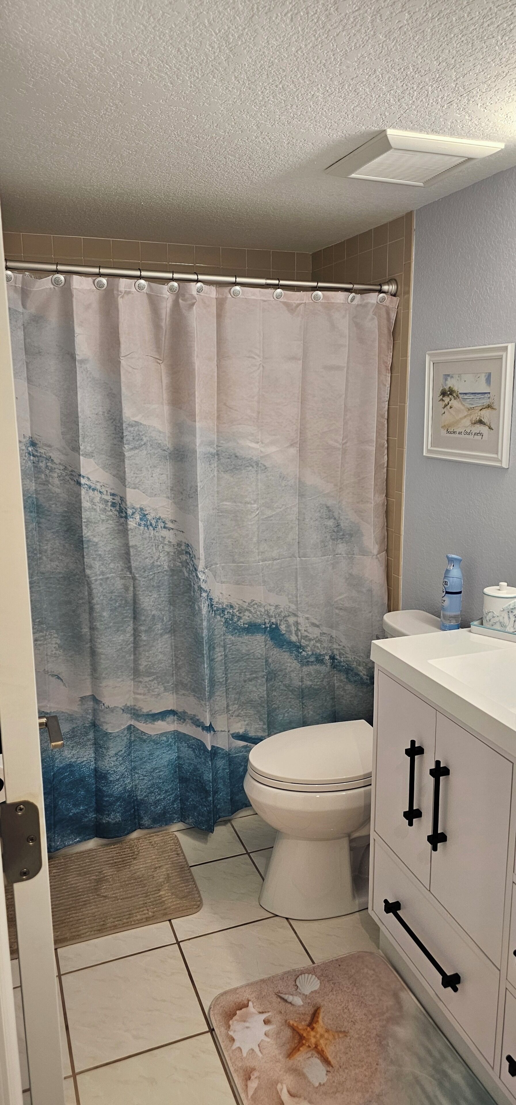 Un baño con cortina de ducha, inodoro y armarios.