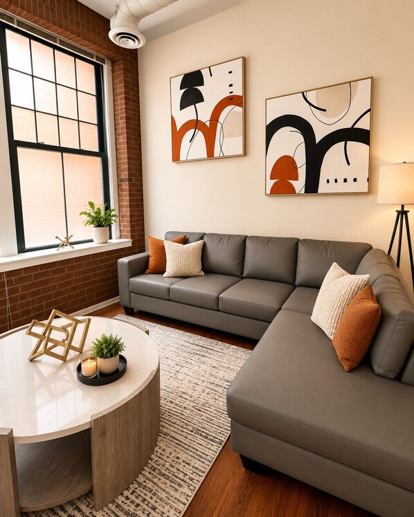 A modern living room with a sectional sofa, a round coffee table, and abstract wall art.