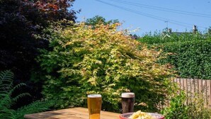 Ein Holztisch mit zwei Biergläsern und einer Schüssel Essen, draußen mit Grünpflanzen und blauem Himmel im Hintergrund.