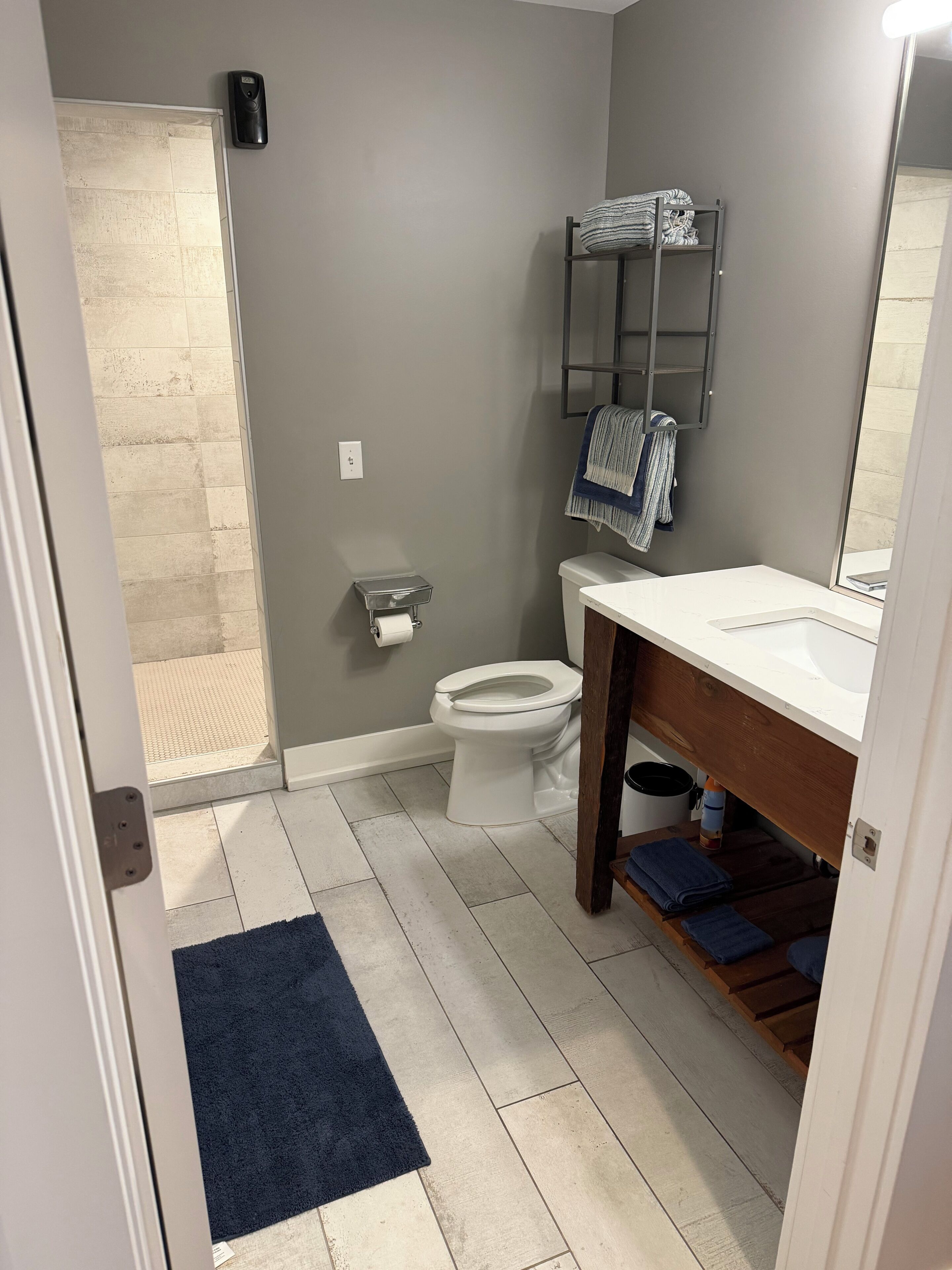 Shower, towels, soap, toilet paper