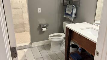 Shower, towels, soap, toilet paper