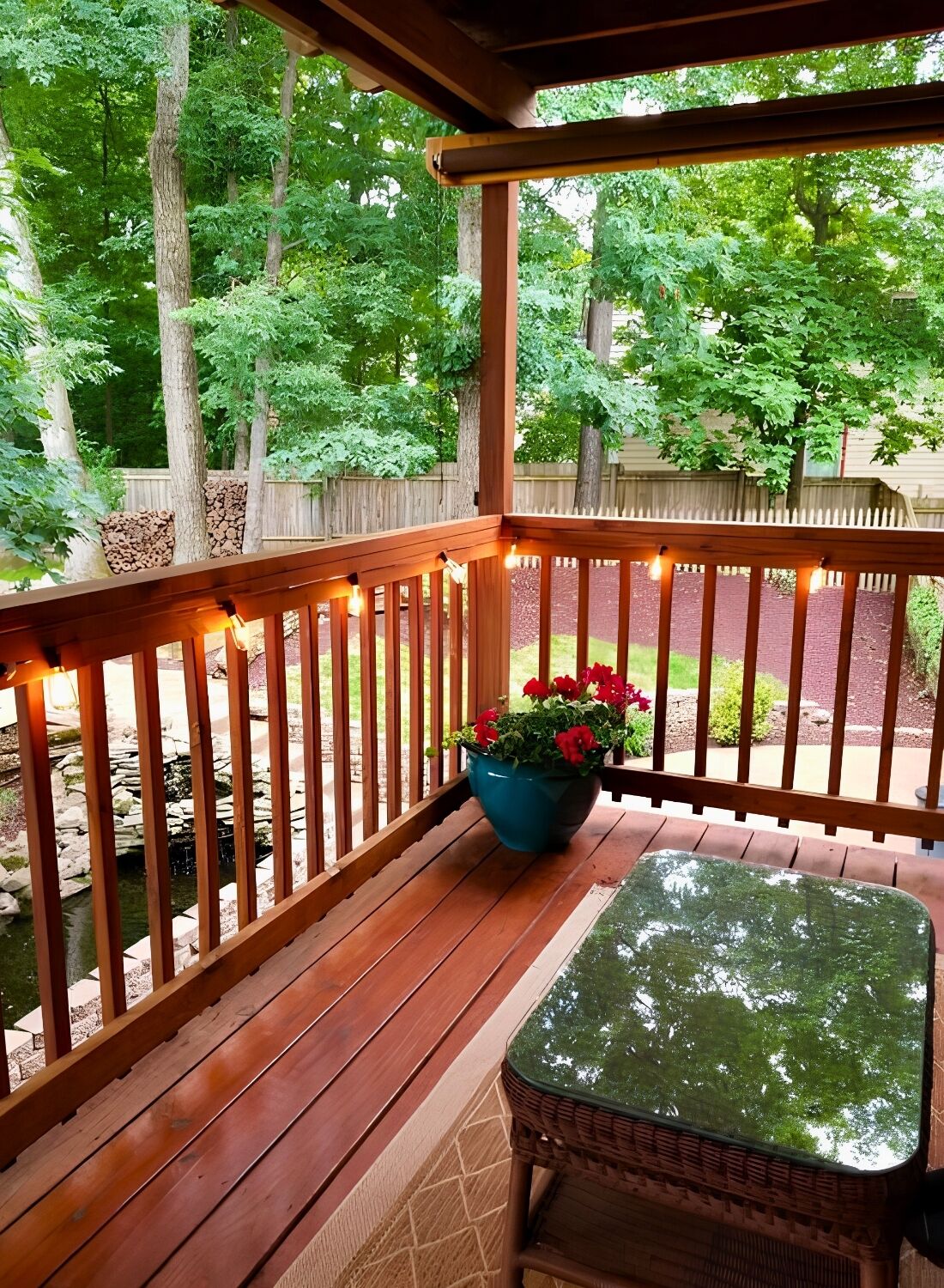 A wooden deck with a table and chairs, a potted plant with red flowers, and a stone-lined water feature.