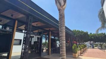 A modern building with a covered outdoor area, palm trees, and potted plants.