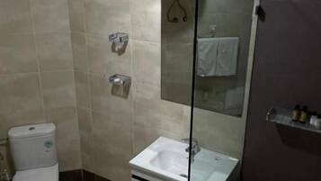 Een badkamer met toilet, wastafel en spiegel.