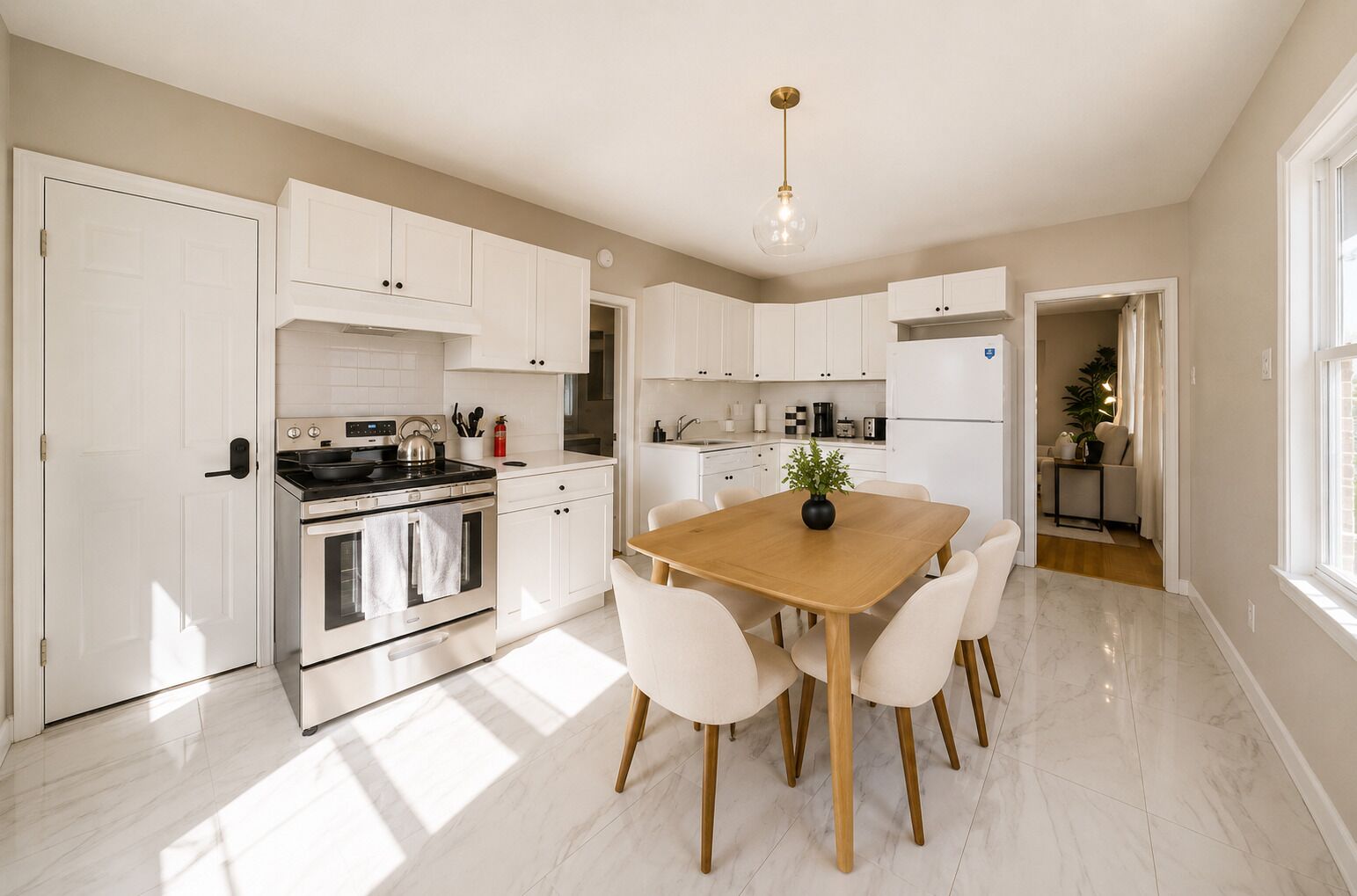 A modern kitchen with white cabinetry, a wooden dining table, and a hanging light fixture.