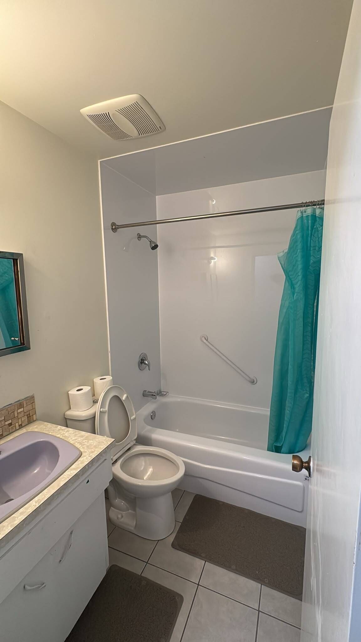 Hair dryer, towels, soap, toilet paper