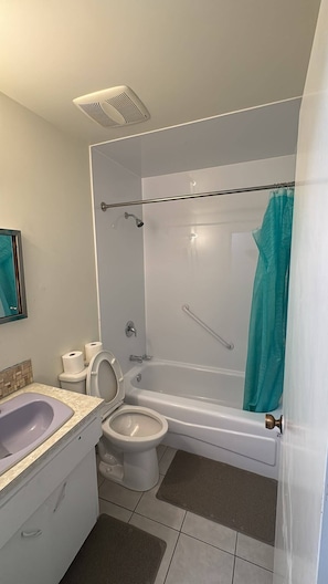 Hair dryer, towels, soap, toilet paper