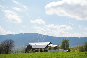 Ländliche Landschaft mit Scheune, offenen Feldern und Bergen im Hintergrund.