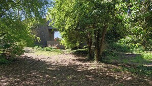 A wooded area with a path leading to a building with a brick facade and a chimney. - Rabbit Lodge Dog Friendly nr Anderby Creek (Alford)