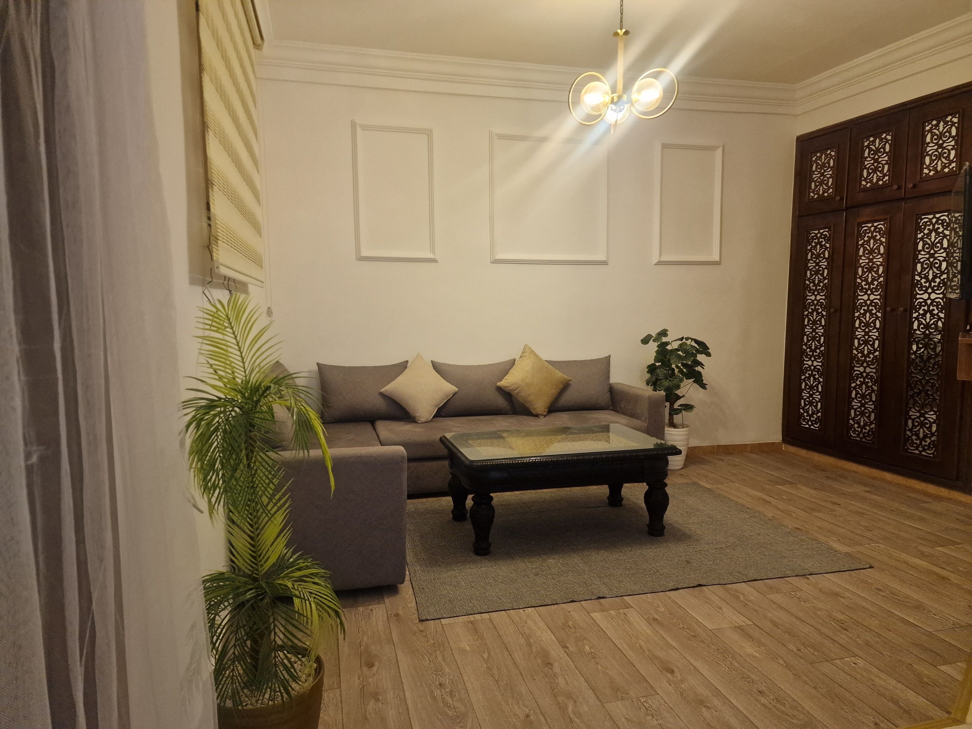 Una sala de estar con un sofá, una mesa de centro y plantas en macetas.