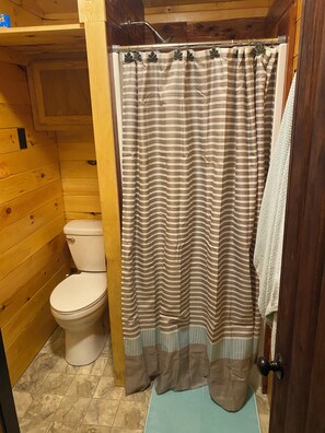 Ein Badezimmer aus Holz mit einer gestreiften Duschvorhang, einer Toilette und einem Handtuchhalter.