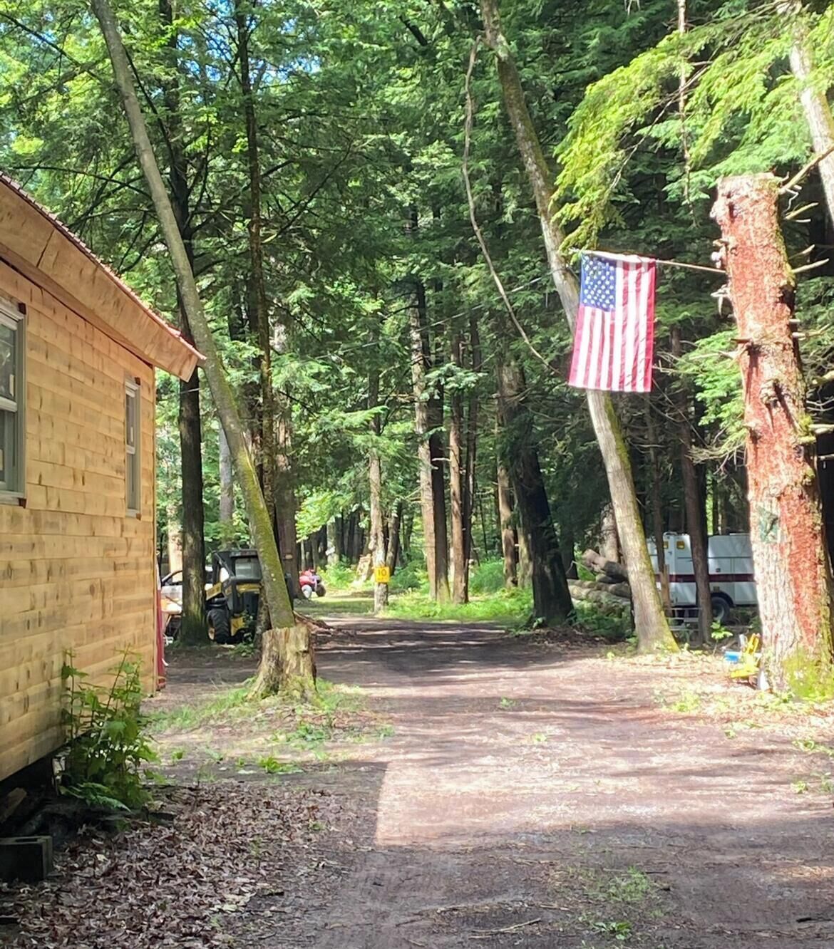 A wooden cabin with a dirt path leading through a forested area.