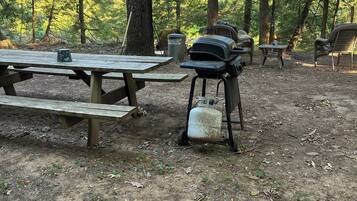A campsite with picnic tables, a grill, and a trash can.