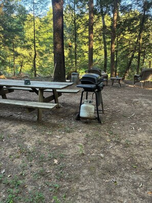 Leirintäalue, jossa on piknikpöytiä, grilli ja roskakori.