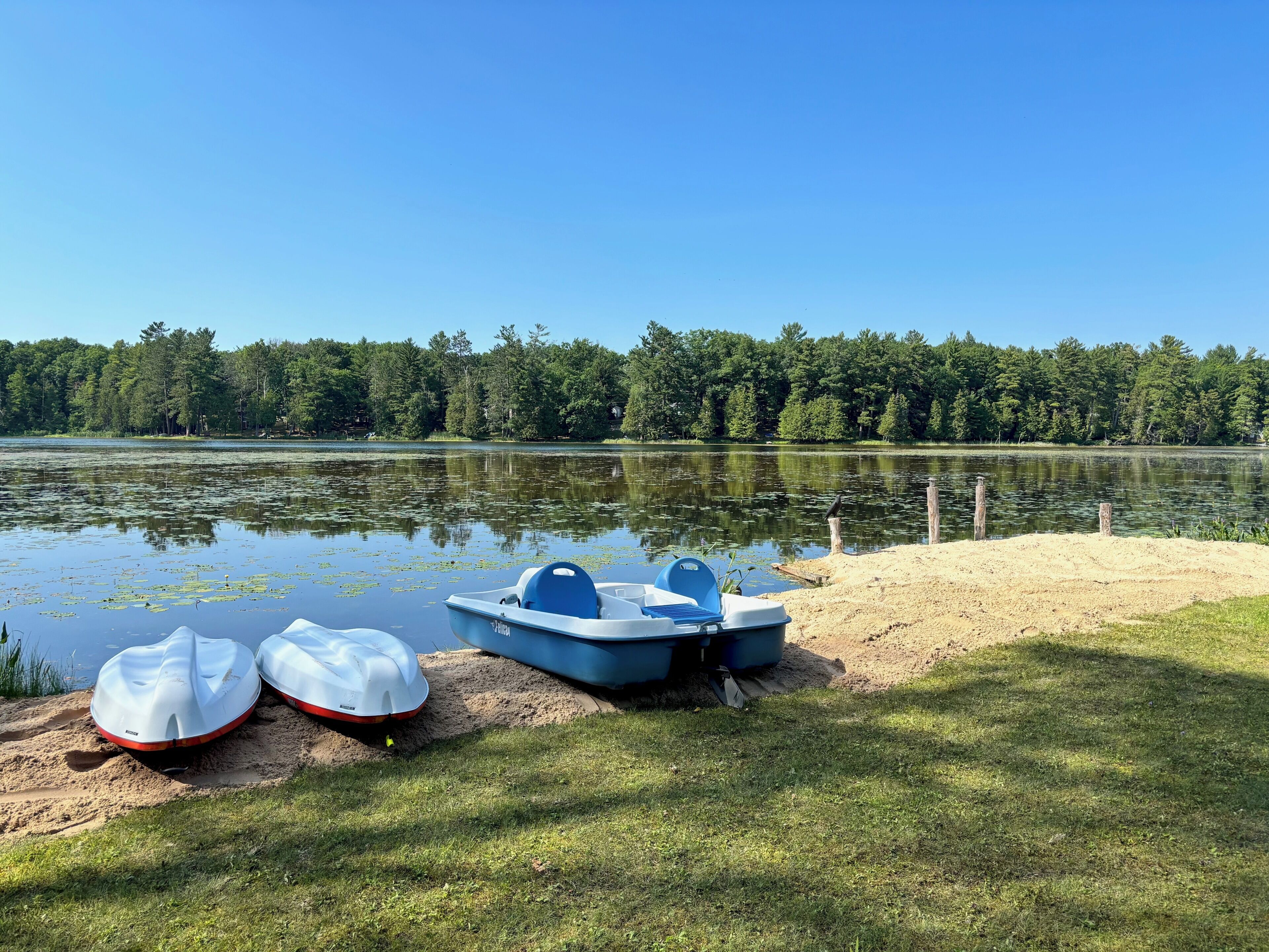 A lakeside scene with boats and a sandy shore.