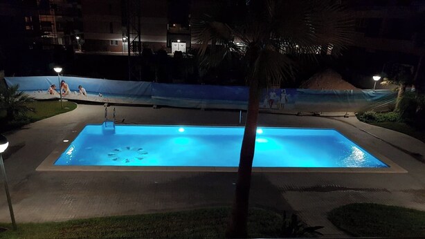A rectangular swimming pool with a blue hue, surrounded by a paved walkway and palm trees. - Apartment Mirador de Villamartin (Orihuela)