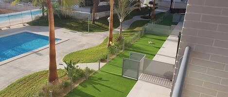 A pool area with a rectangular pool, palm trees, and a well-maintained lawn.