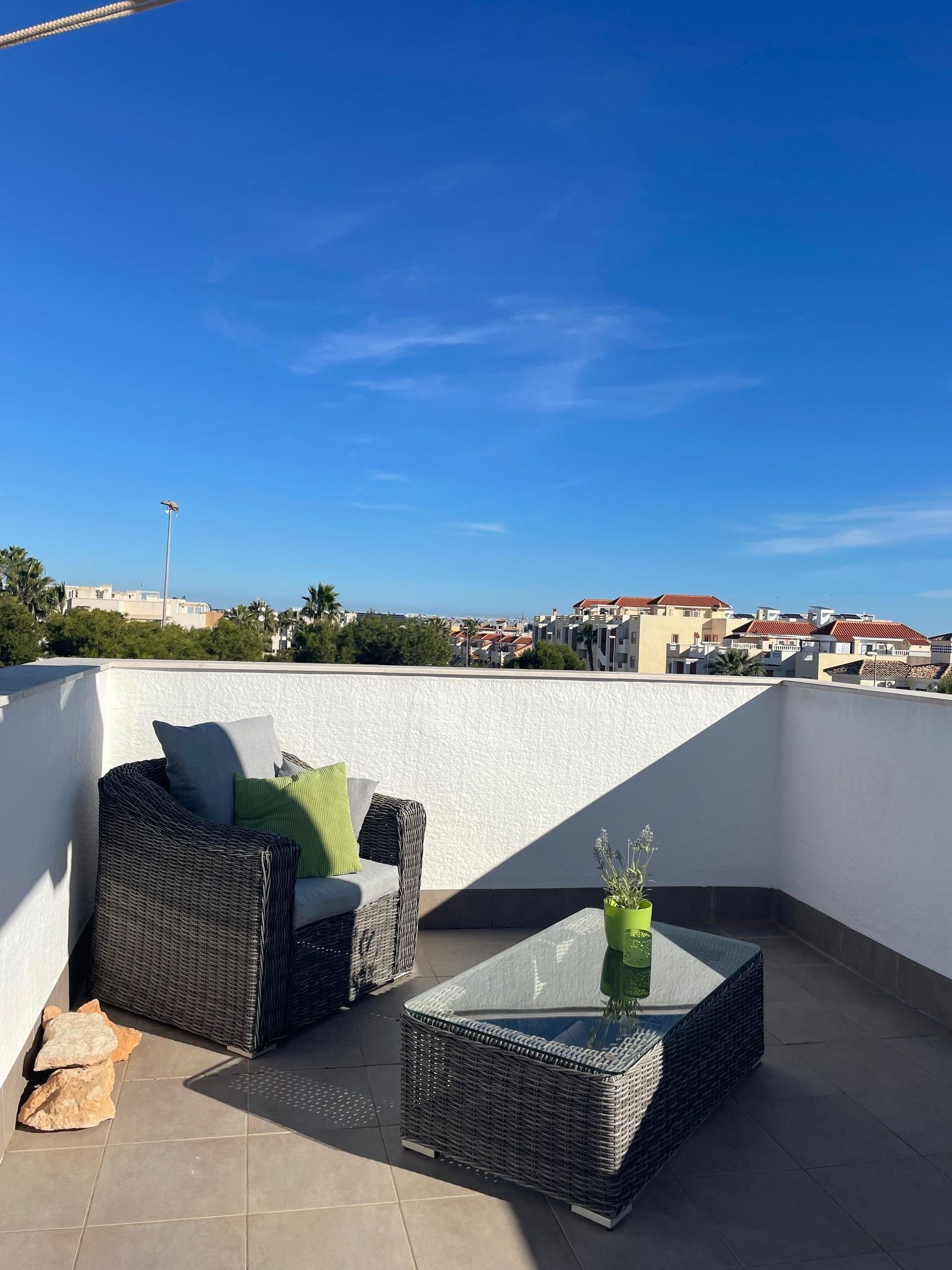 Una terrazza sul tetto con mobili in vimini, un tavolo in vetro e una pianta in vaso.