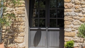 A stone building with a dark wooden door, a small window above the door, and potted plants on the ground.
