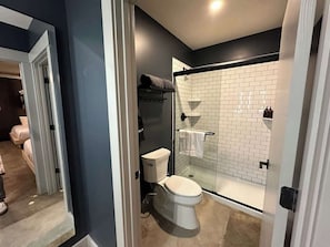 Shower, hair dryer, towels, shampoo