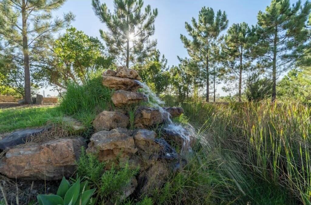 Une formation rocheuse naturelle, agrémentée d’une cascade d’eau, le tout entouré de pelouse et de pins.