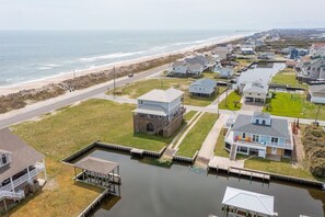 A coastal residential area with houses, a beach, and a marina. - Canalfront dock, boat ramp and hot tub (North Topsail Beach)