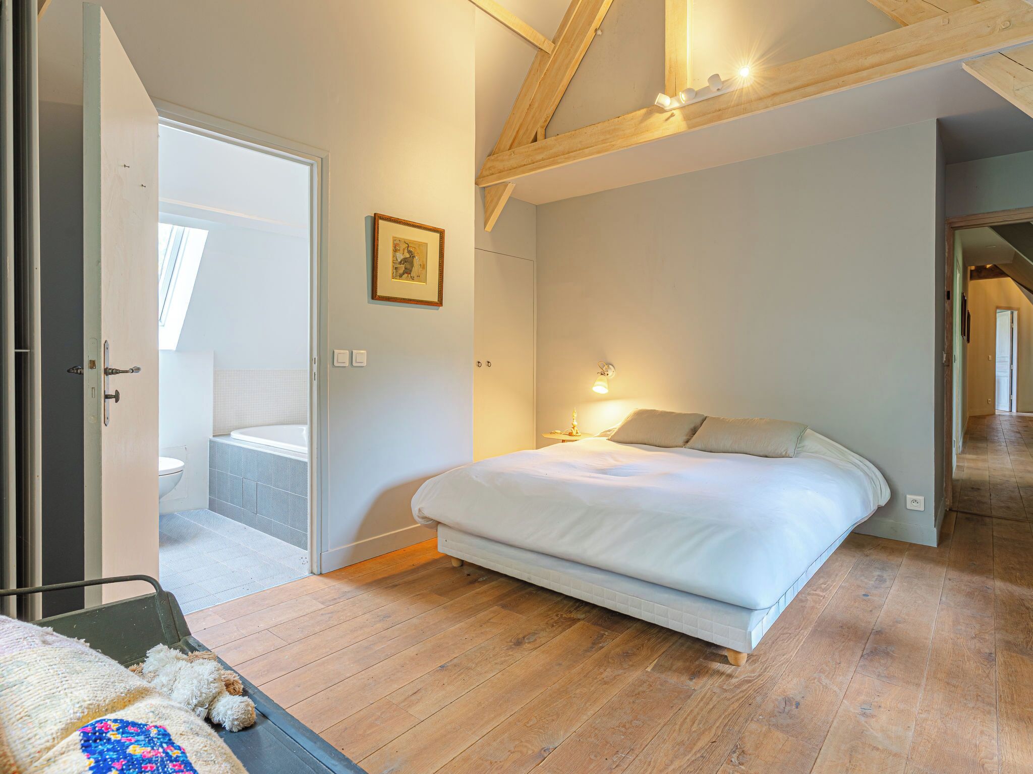 Una camera da letto con un letto, pavimento in legno, un lucernario, un bagno con il water e un corridoio.