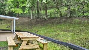 Una mesa de picnic en un área con césped, una cerca de metal y árboles al fondo.