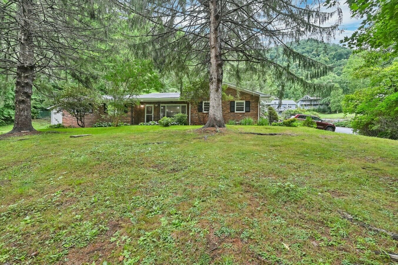 A house with a grassy yard, a large tree, and a small shed.